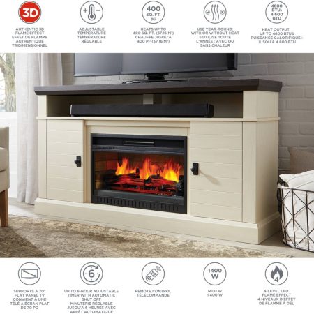 CANVAS Ashcroft Media Console Electric Fireplace TV Stand, 60-in, 1400W, Includes Remote Control, White