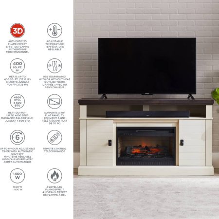 CANVAS Ashcroft Media Console Electric Fireplace TV Stand, 60-in, 1400W, Includes Remote Control, White