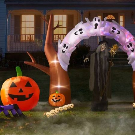 For Living Ghosts & Jack-O'-Lantern Pumpkins LED Light-Up Airblown Inflatable Tree Archway, Brown/White, 8-ft, Self Inflating Outdoor Decoration for Halloween