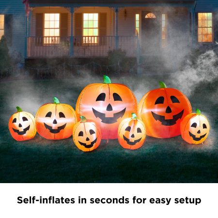 For Living Jack-O'-Lantern LED Light-Up Airblow Inflatable Pumpkin Patch with Stakes, Orange, 8-ft, Self Inflating Outdoor Decoration for Halloween