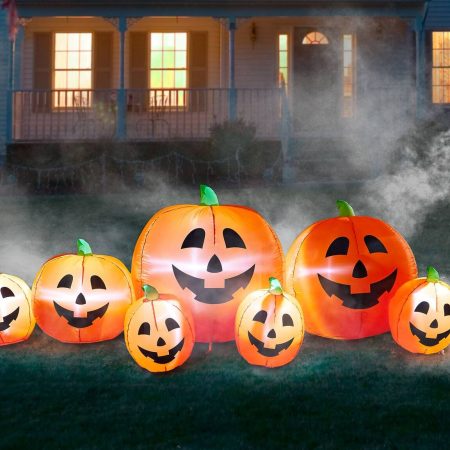 For Living Jack-O'-Lantern LED Light-Up Airblow Inflatable Pumpkin Patch with Stakes, Orange, 8-ft, Self Inflating Outdoor Decoration for Halloween