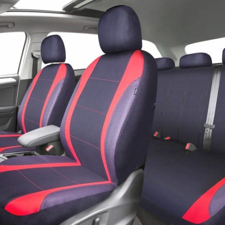 AutoTrends Carbon Fibre Seat Cover Set for Back Bench Seat, Black & Red, 3-pk