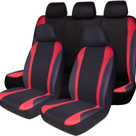 AutoTrends Carbon Fibre Seat Cover Set for Back Bench Seat, Black & Red, 3-pk