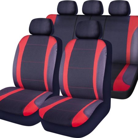 AutoTrends Carbon Fibre Seat Cover Set for Back Bench Seat, Black & Red, 3-pk