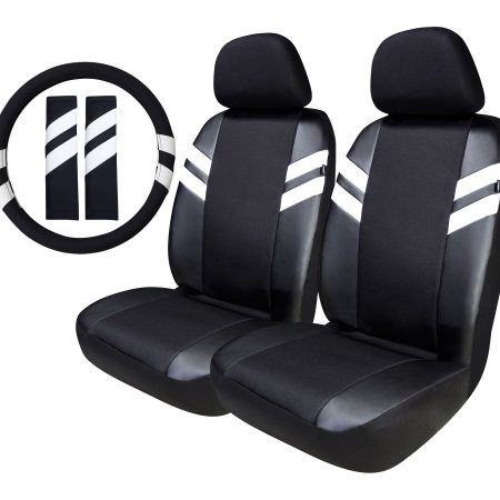 AutoTrends White Stripe Athletic Seat Cover & Steering Wheel Set