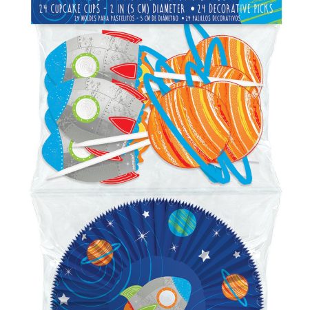 Blast Off Space Ship Cupcake Decorating Kit with Baking Cups & Picks, Blue/Orange, 2-in, 24-pk, for Birthday Party