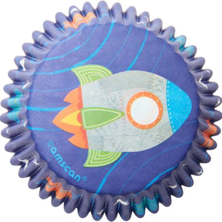 Blast Off Space Ship Cupcake Decorating Kit with Baking Cups & Picks, Blue/Orange, 2-in, 24-pk, for Birthday Party