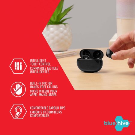 Bluehive Bluepods True Wireless Earbuds with 22 Hour Battery Life & Fast Charging, Black