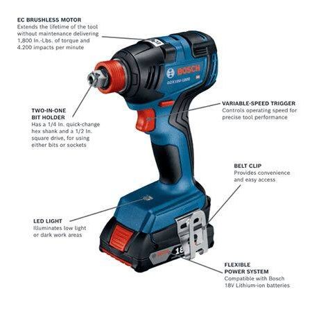 Bosch GXL18V-240B22 18V Cordless Drill/Driver & Freak 2-in-1 Bit Socket Impact Driver Combo Kit