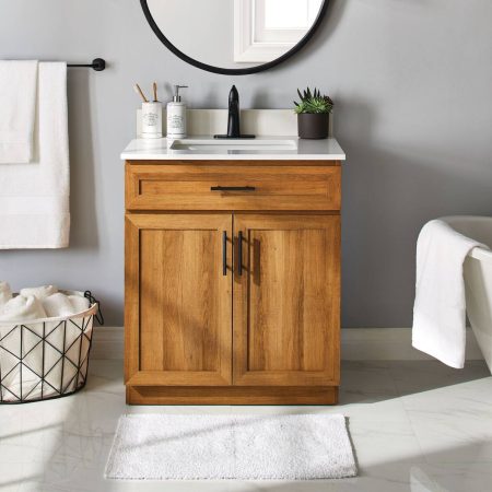 Canvas Danville Double Door Single Sink Stone Top Bathroom Vanity, Honey Oak, 30-in