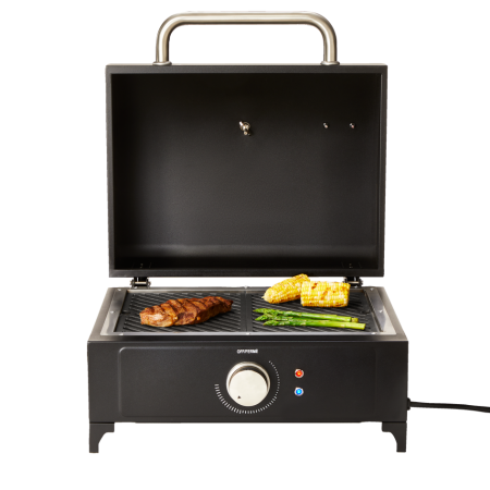 MASTER Chef Tabletop Portable Electric BBQ Grill with Cast-Iron Grates, Black