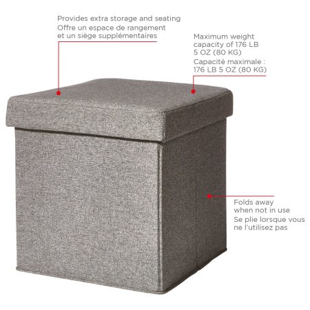 CANVAS Upholstered Folding Storage Cube Ottoman/Footrest With Padded Seat, Grey