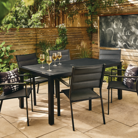 CANVAS Mercier Rectangular Steel Outdoor Patio Dining Table, w/ Glass Top, Black