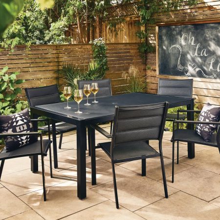 CANVAS Mercier Rectangular Steel Outdoor Patio Dining Table, w/ Glass Top, Black