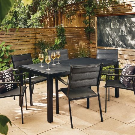 CANVAS Mercier Rectangular Steel Outdoor Patio Dining Table, w/ Glass Top, Black