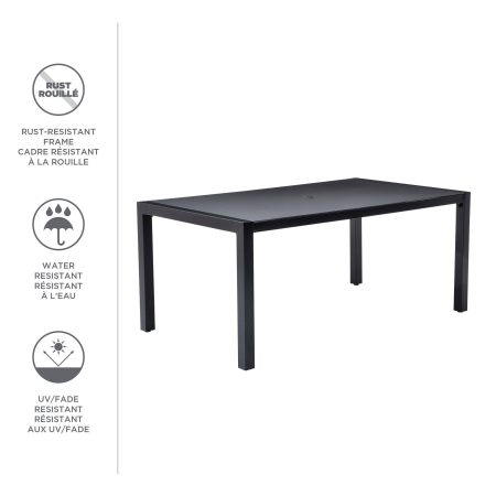 CANVAS Mercier Rectangular Steel Outdoor Patio Dining Table, w/ Glass Top, Black