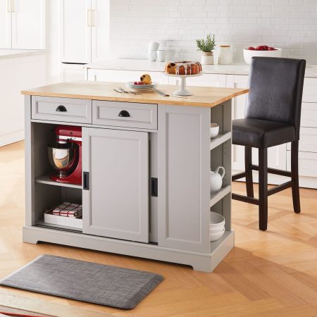 CANVAS Olsen Wood Top Sliding Door Kitchen Storage Island with Folding Leaf, Grey