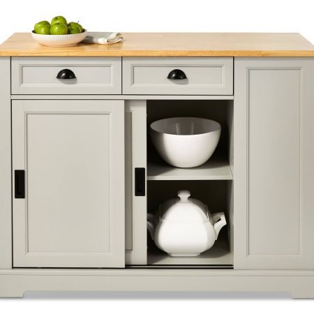 CANVAS Olsen Wood Top Sliding Door Kitchen Storage Island with Folding Leaf, Grey