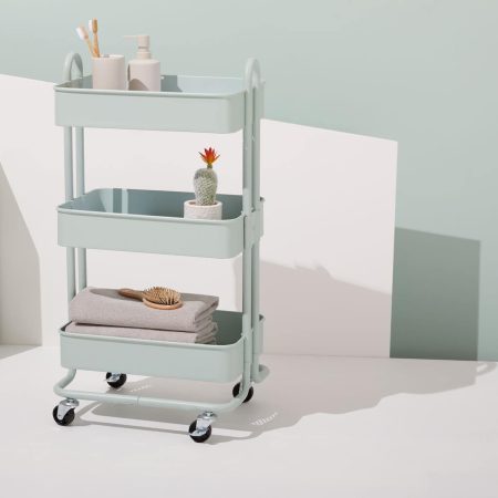 type A Momentum Steel 3-Tier Utility Cart with 4 Wheels, Eucalyptus