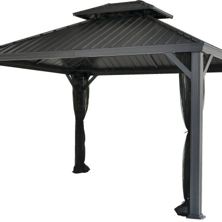 CANVAS Skyline Outdoor Aluminum Patio Hard-Top Gazebo w/ Bug Net, for All-Season, Black, 10x12-ft