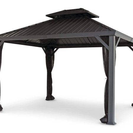 CANVAS Skyline Outdoor Aluminum Patio Hard-Top Gazebo w/ Bug Net, for All-Season, Black, 10x12-ft