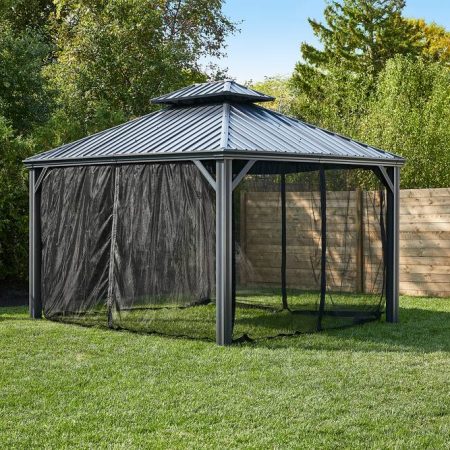 CANVAS Skyline Outdoor Aluminum Patio Hard-Top Gazebo w/ Bug Net, for All-Season, Black, 10x12-ft