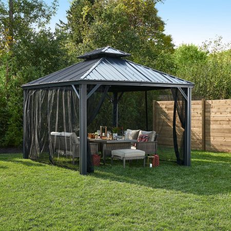 CANVAS Skyline Outdoor Aluminum Patio Hard-Top Gazebo w/ Bug Net, for All-Season, Black, 10x12-ft