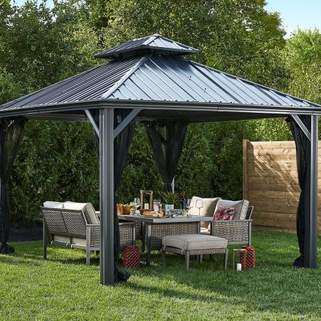 CANVAS Skyline Outdoor Aluminum Patio Hard-Top Gazebo w/ Bug Net, for All-Season, Black, 10x12-ft