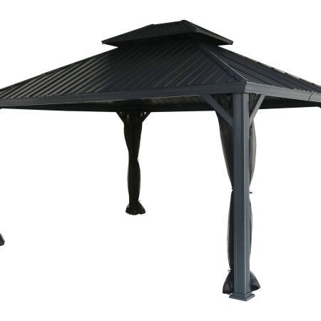 CANVAS Skyline Outdoor Aluminum Patio Hard-Top Gazebo w/ Bug Net, for All-Season, Black, 12x14-ft