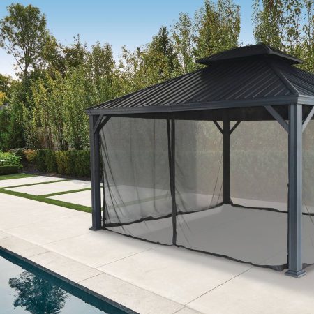 CANVAS Skyline Outdoor Aluminum Patio Hard-Top Gazebo w/ Bug Net, for All-Season, Black, 12x14-ft