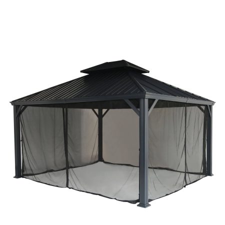 CANVAS Skyline Outdoor Aluminum Patio Hard-Top Gazebo w/ Bug Net, for All-Season, Black, 12x14-ft