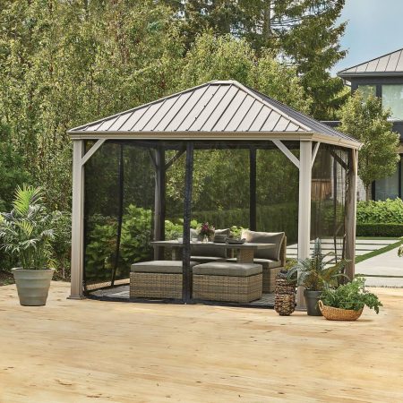 CANVAS Coastline Taupe Aluminum Outdoor Patio Hard-Top Gazebo w/Mosquito Net, 10x10-ft