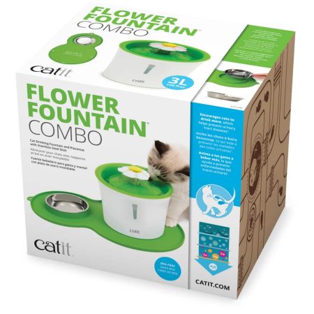 Catit Flower Cat Water Fountain, Combo Pack with Mat and Stainless Steel Bowl, 3-L, Green