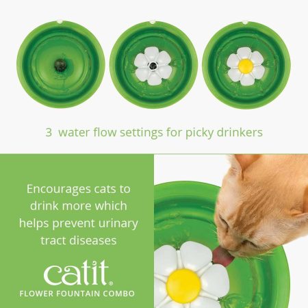 Catit Flower Cat Water Fountain, Combo Pack with Mat and Stainless Steel Bowl, 3-L, Green