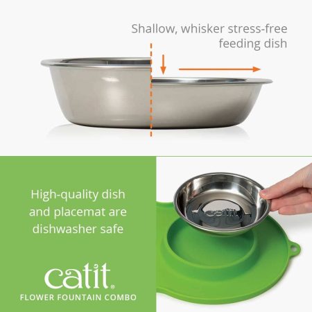 Catit Flower Cat Water Fountain, Combo Pack with Mat and Stainless Steel Bowl, 3-L, Green