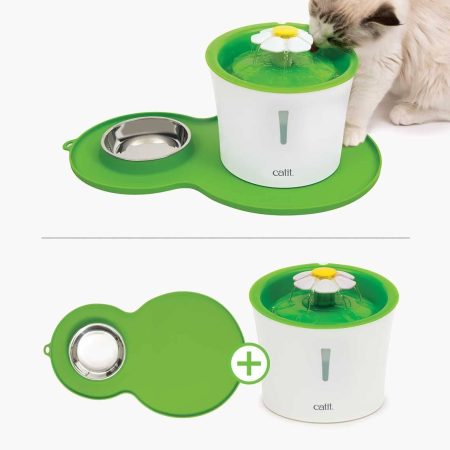 Catit Flower Cat Water Fountain, Combo Pack with Mat and Stainless Steel Bowl, 3-L, Green