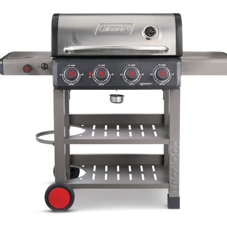 Coleman Cookout 4-Burner Propane Gas BBQ Grill with Side Burner & Storage Shelves