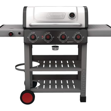 Coleman Cookout 4-Burner Propane Gas BBQ Grill with Side Burner & Storage Shelves