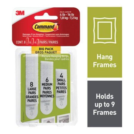 Command Adhesive Picture Hanging Strips Big Pack, White, 4-lbs to 16-lbs, Assorted Sizes, 34 Strips per Pack