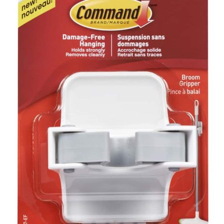 Command Wall-Mounted Mop & Broom Gripper with Adhesive Strips, White, 4-lbs, 1 Strip per Pack