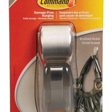 Command Large Elegant Decorative Metallic Hook with Adhesive Strips, Brushed Nickel, 5-lbs, 2 Strips Per Pack