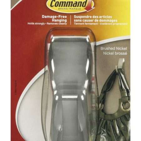 Command Large Elegant Decorative Metallic Hook with Adhesive Strips, Brushed Nickel, 5-lbs, 2 Strips Per Pack