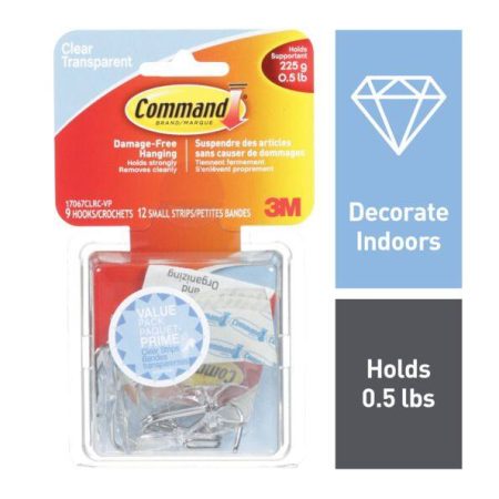 Command Small Wire Hooks Value Pack with Adhesive Strips, Clear, 0.5-lbs, 9 Strips per Pack