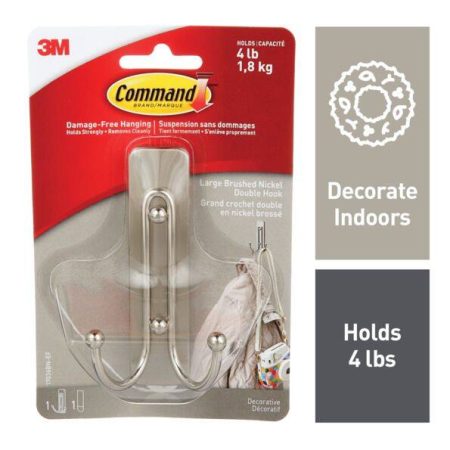 Command Large Decorative Double Hook with Adhesive Strip, Brushed Nickel, 4-lbs, 1 Strip per Pack