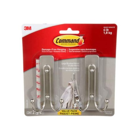 Command Large Decorative Double Hooks Value Pack with Adhesive Strips, Brushed Nickel, 4-lbs, 2 Strips per Pack