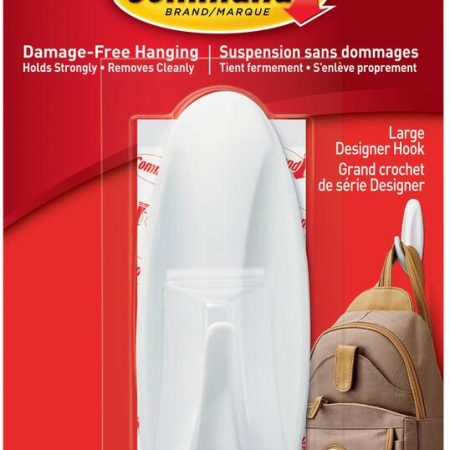 Command Large Designer Hook with Adhesive Strips, White, 5-lbs, 1 Strip per Pack