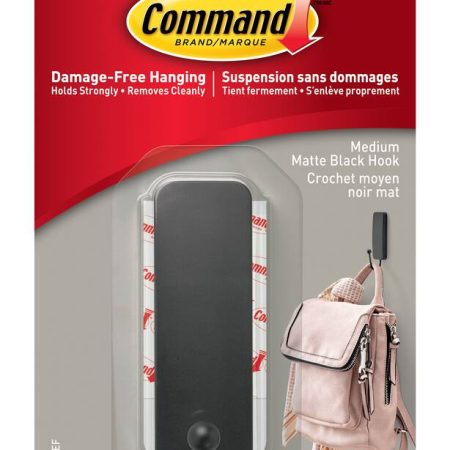 Command Medium Decorative Hook with Adhesive Strips, Matte Black, 3-lbs, 1 Strip per Pack