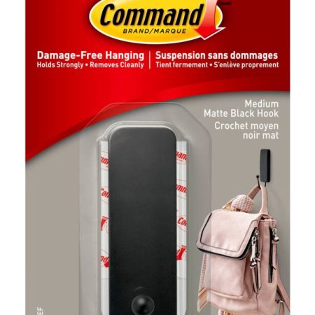 Command Medium Decorative Hook with Adhesive Strips, Matte Black, 3-lbs, 1 Strip per Pack