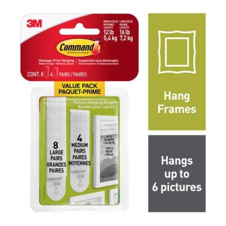 Command Adhesive Picture Hanging Strips Value Pack, White, 12-lbs to 16-lbs, Assorted Sizes, 24 Strips per Pack