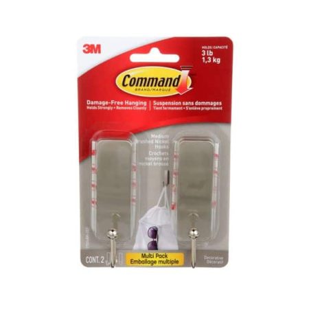 Command Medium Decorative Hooks with Adhesive Strips, Brushed Nickel, 3-lbs, 2 Strips per Pack